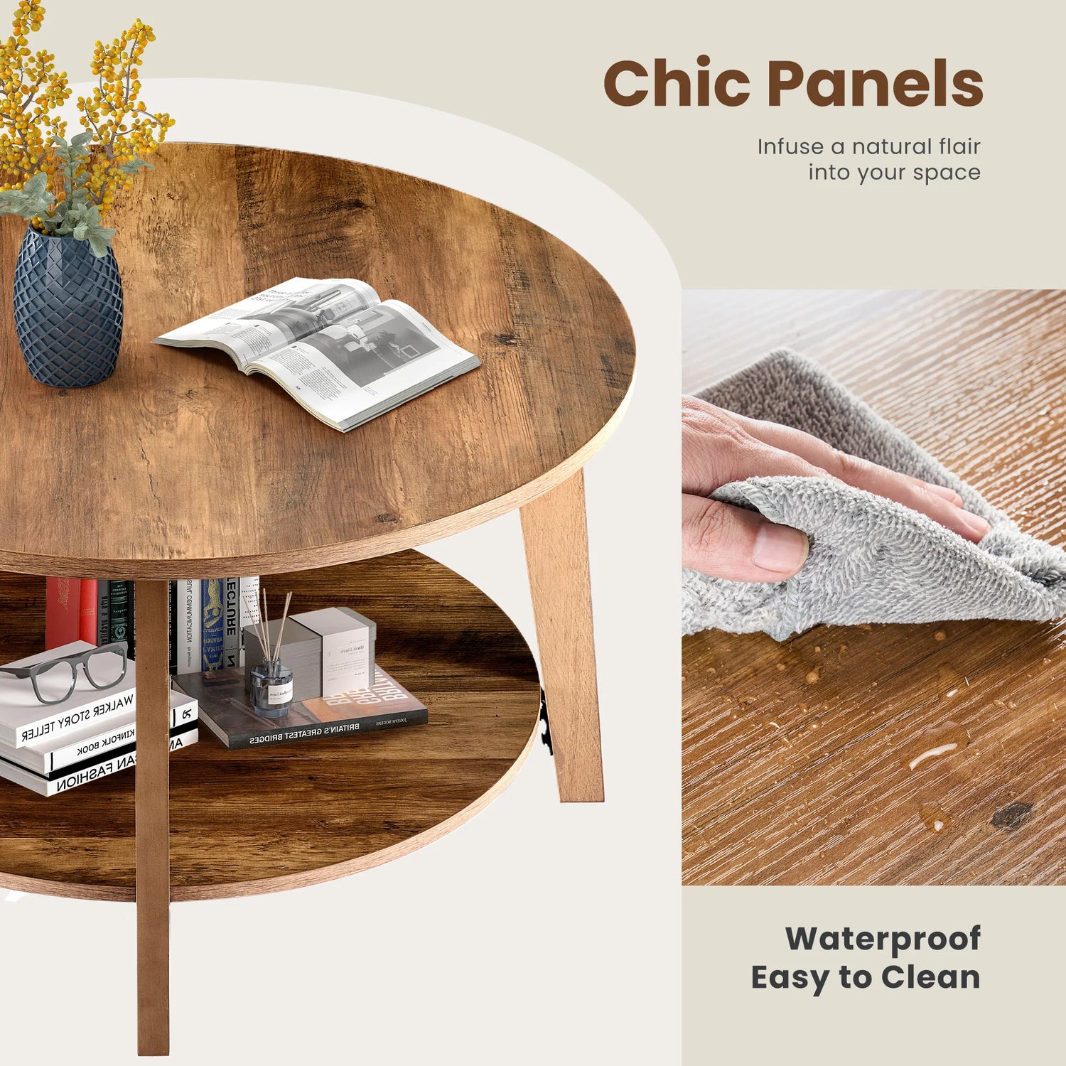 JHK 32 Inch Round Wood Coffee Table