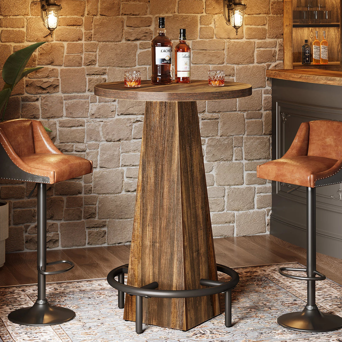 Tribesigns Round Bar Table 37" | Rustic Pub Table with Metal Footrest