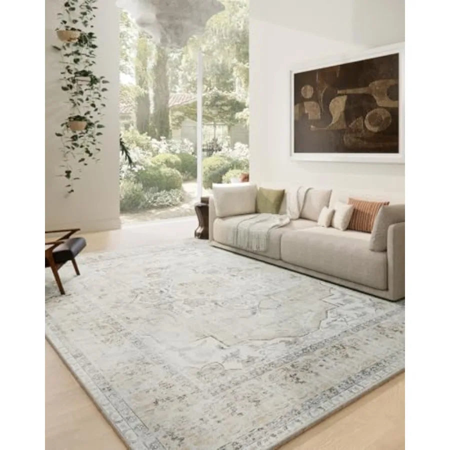 9x12 Vintage Washable Soft Faux Wool Beige Rug