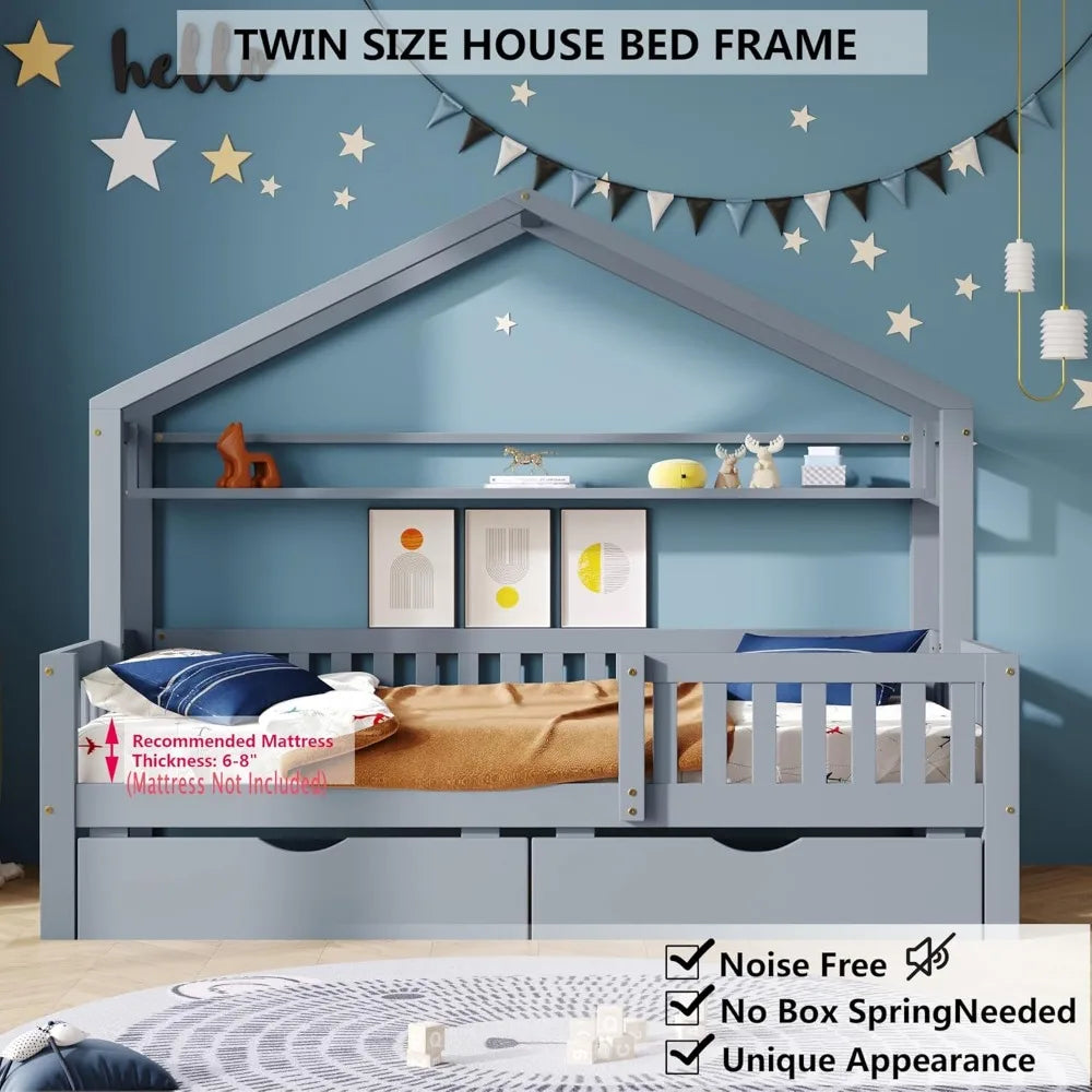 Twin Size House Bed with Storage Drawers & Shel