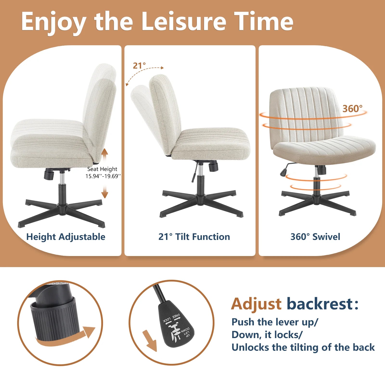 JHK Armless Office Chair in Cloth, Leather or Velvet