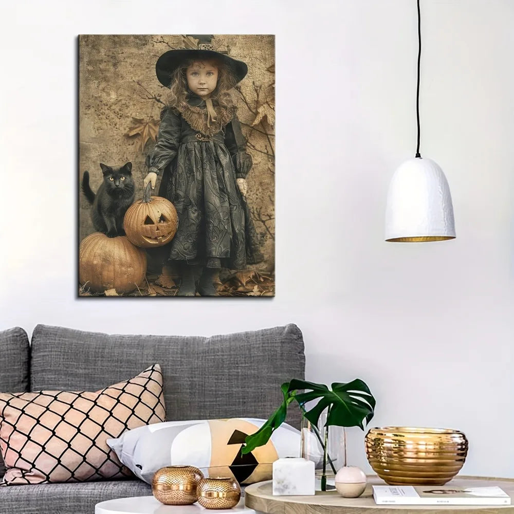 Halloween Cute Witch and Black Cat Wall Art
