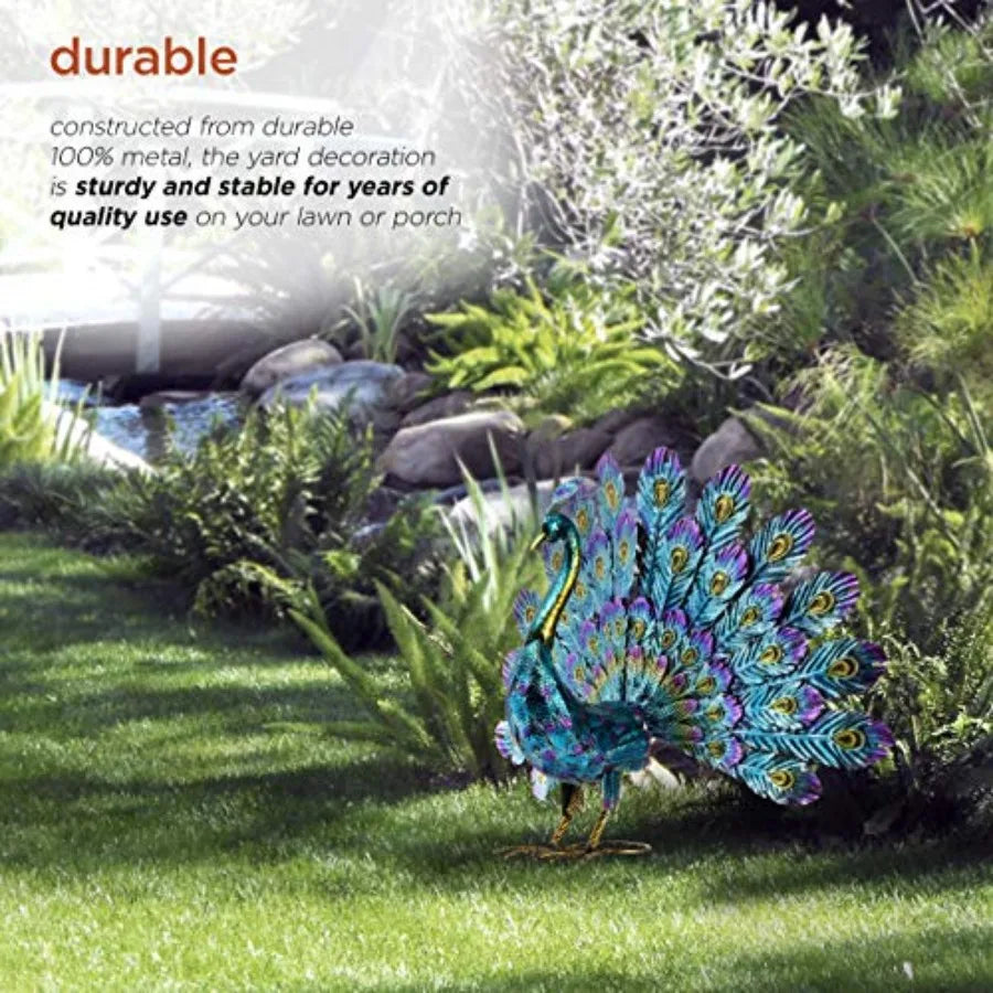 Vibrant Outdoor Metallic Peacock Yard Statue