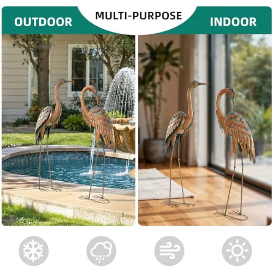 Distressed Bronze Metal Cranes Outdoor Garden Decor