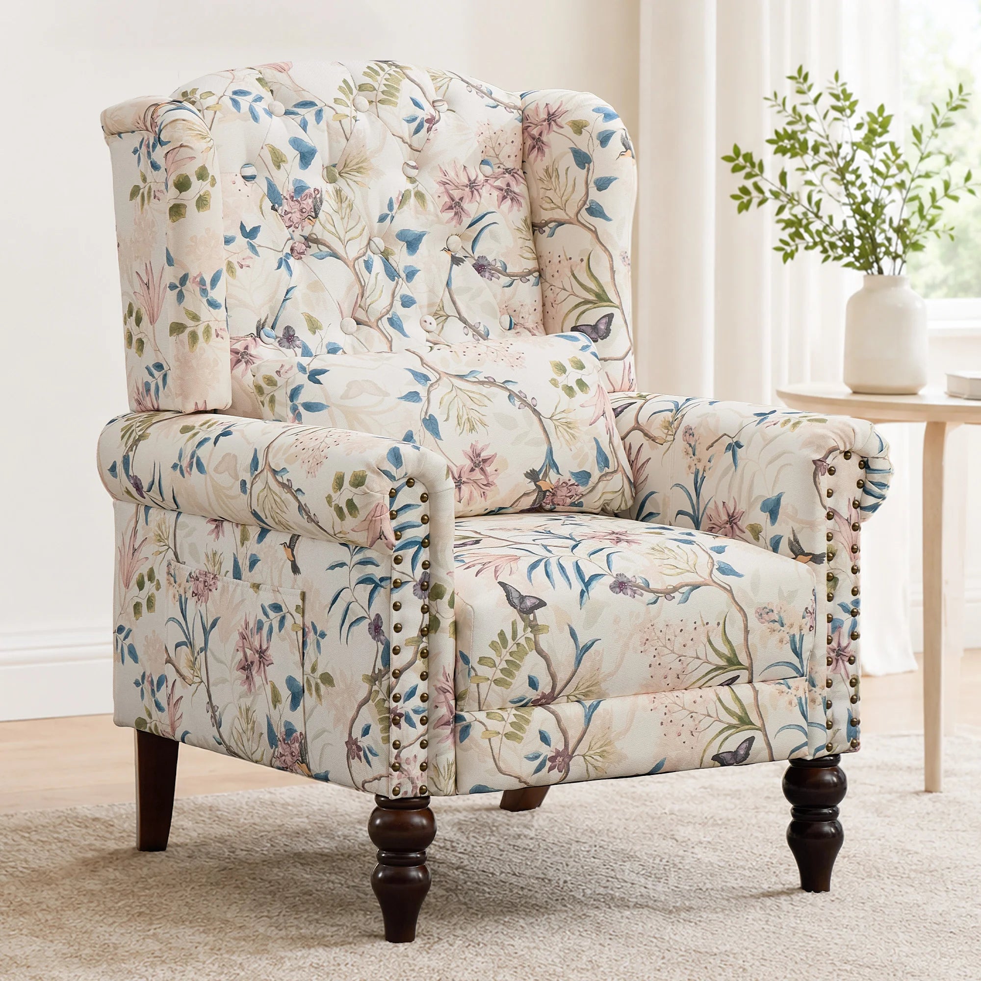 TCGBKAF Vintage Floral Fabric Wingback Accent Chair, Mid-Century Modern Upholstered Armchair, Mid Back Single Club Sofa Chair with Arms for Home