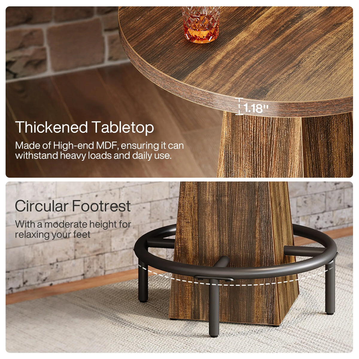 Tribesigns Round Bar Table 37" | Rustic Pub Table with Metal Footrest