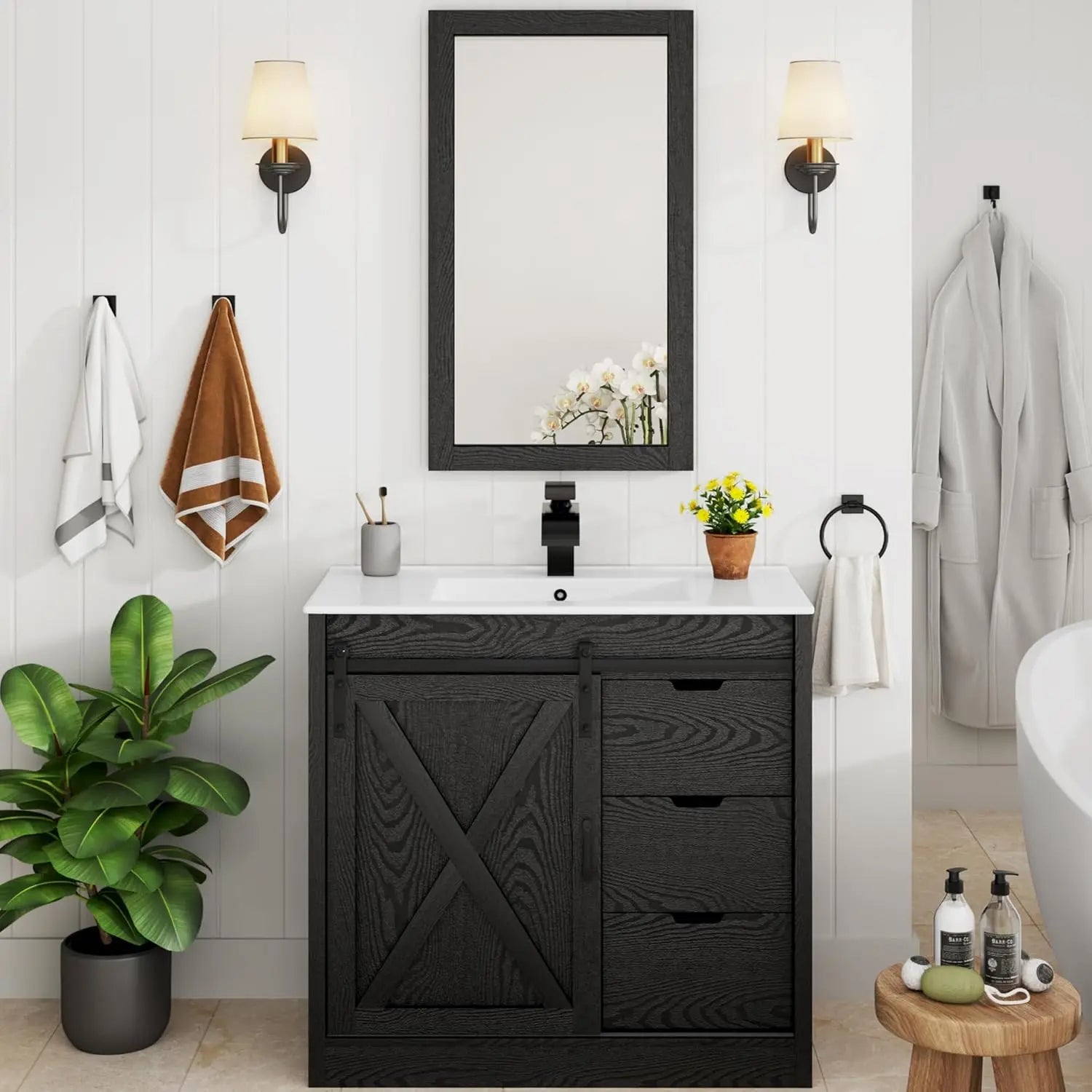 36 Bathroom Vanity Sink Faucet Mirror Farmhouse Cabinet Barn Door Drawers Bath Storage Grey, Custom