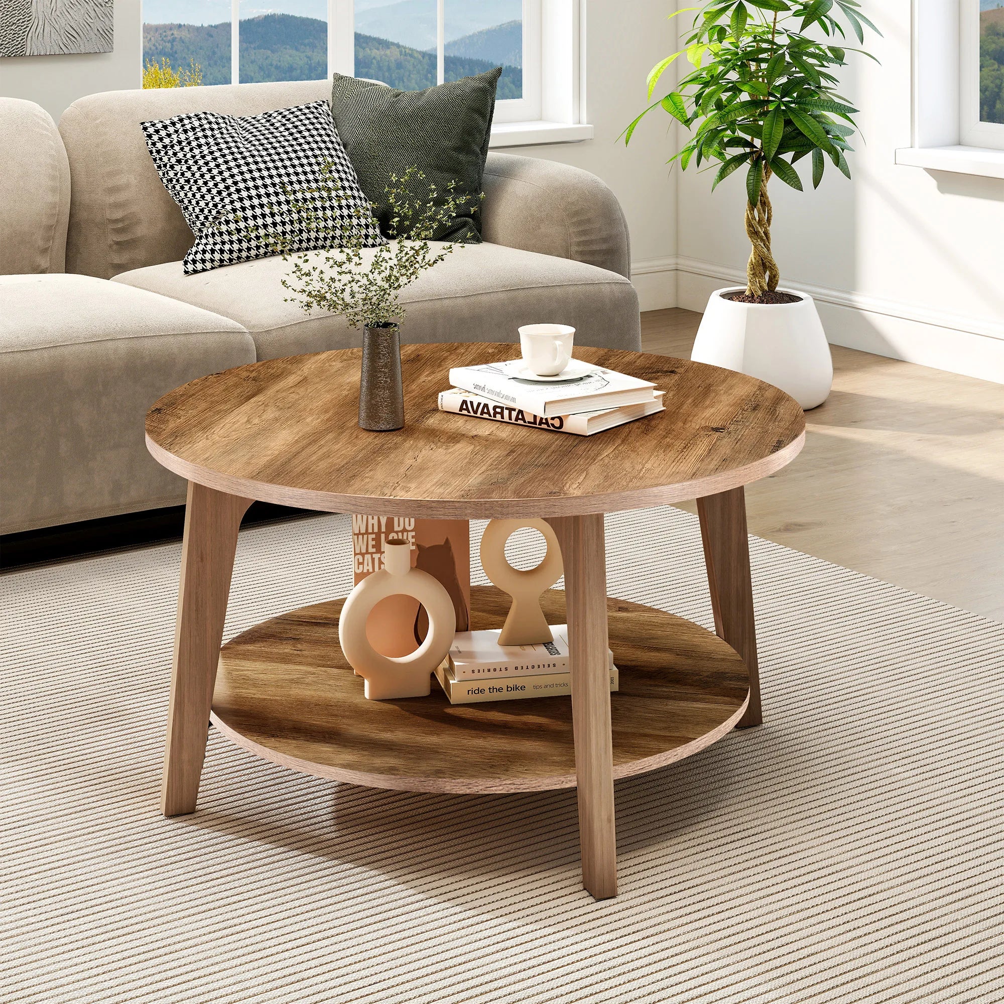 JHK 32 Inch Round Wood Coffee Table