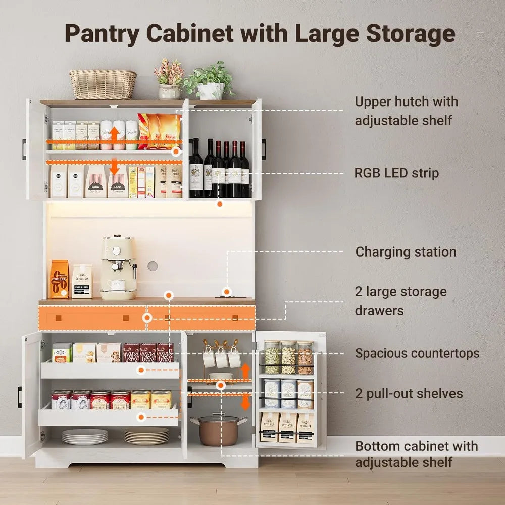 71" Kitchen Pantry Cabinet with Charging Station & LED Lights, Tall Kitchen Storage Cabinet with Hutch, Farmhouse, Customized