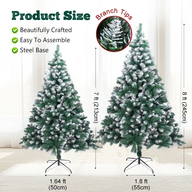 7 and 8 Foot Artificial Christmas Tree with Snow Flocked Branch Tips