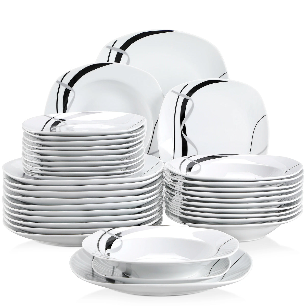 MALACASA 18 or 36-Piece Porcelain Ceramic Black Line Kitchen Tableware