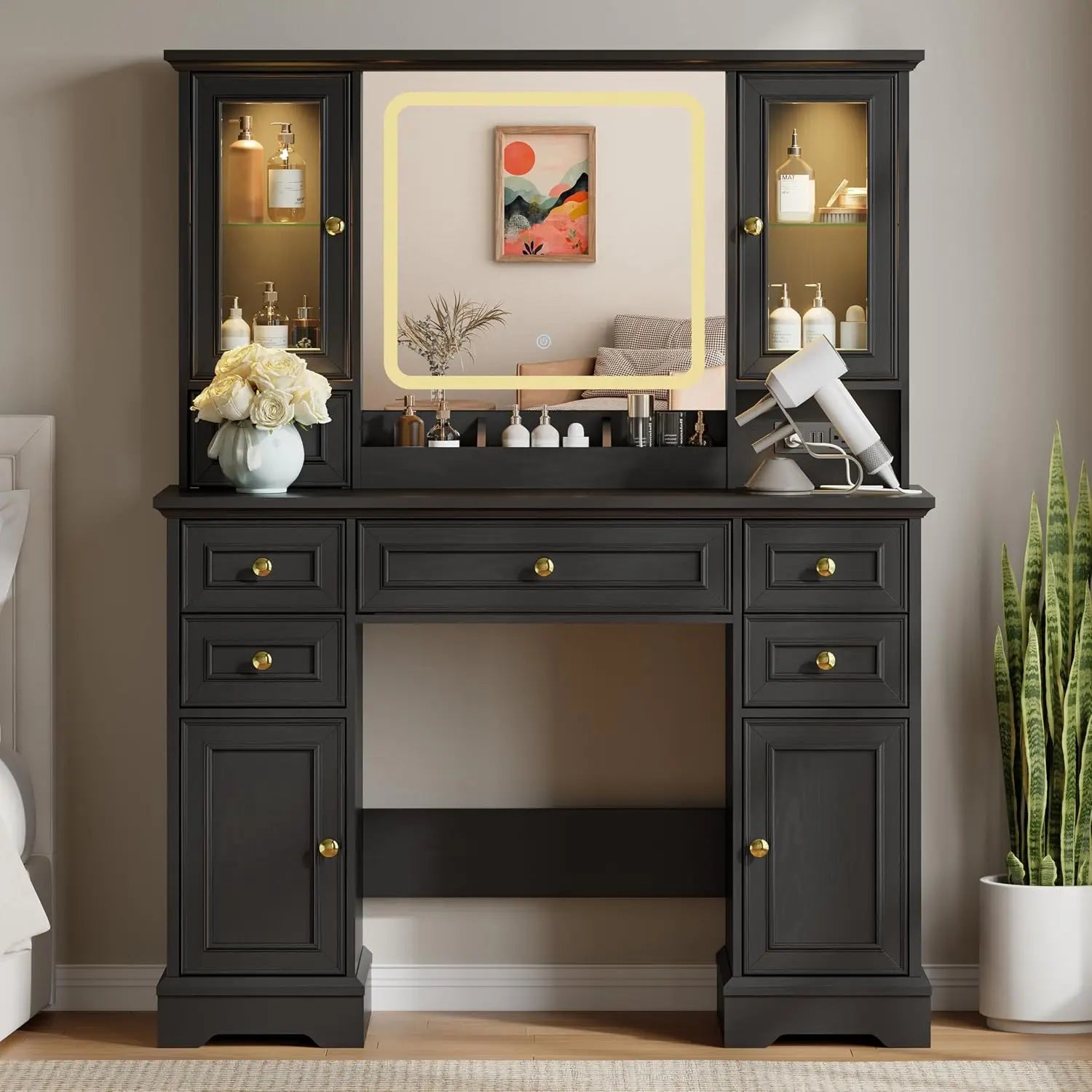 Farmhouse Makeup Vanity with Mirror and Lights, 43&