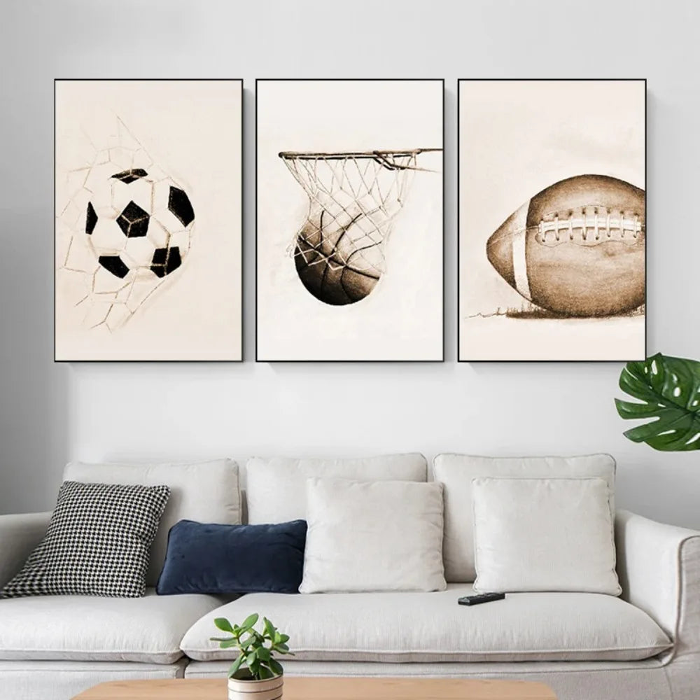 Vintage Inspired Nordic Canvas Wall Art Highlighting Baseball, Football, Soccer, Basketball