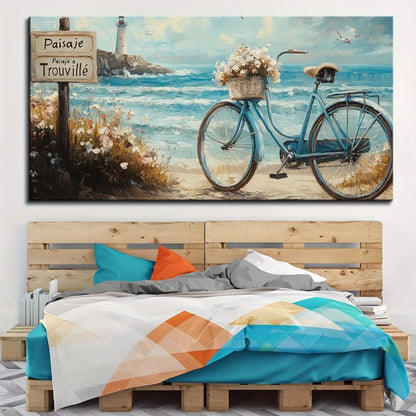 White Lighthouse, Ocean Waves, Sandy Beach and a Bicycle Wall Art