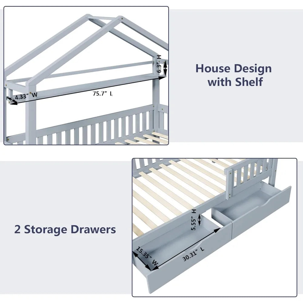 Twin Size House Bed with Storage Drawers &amp; Shel