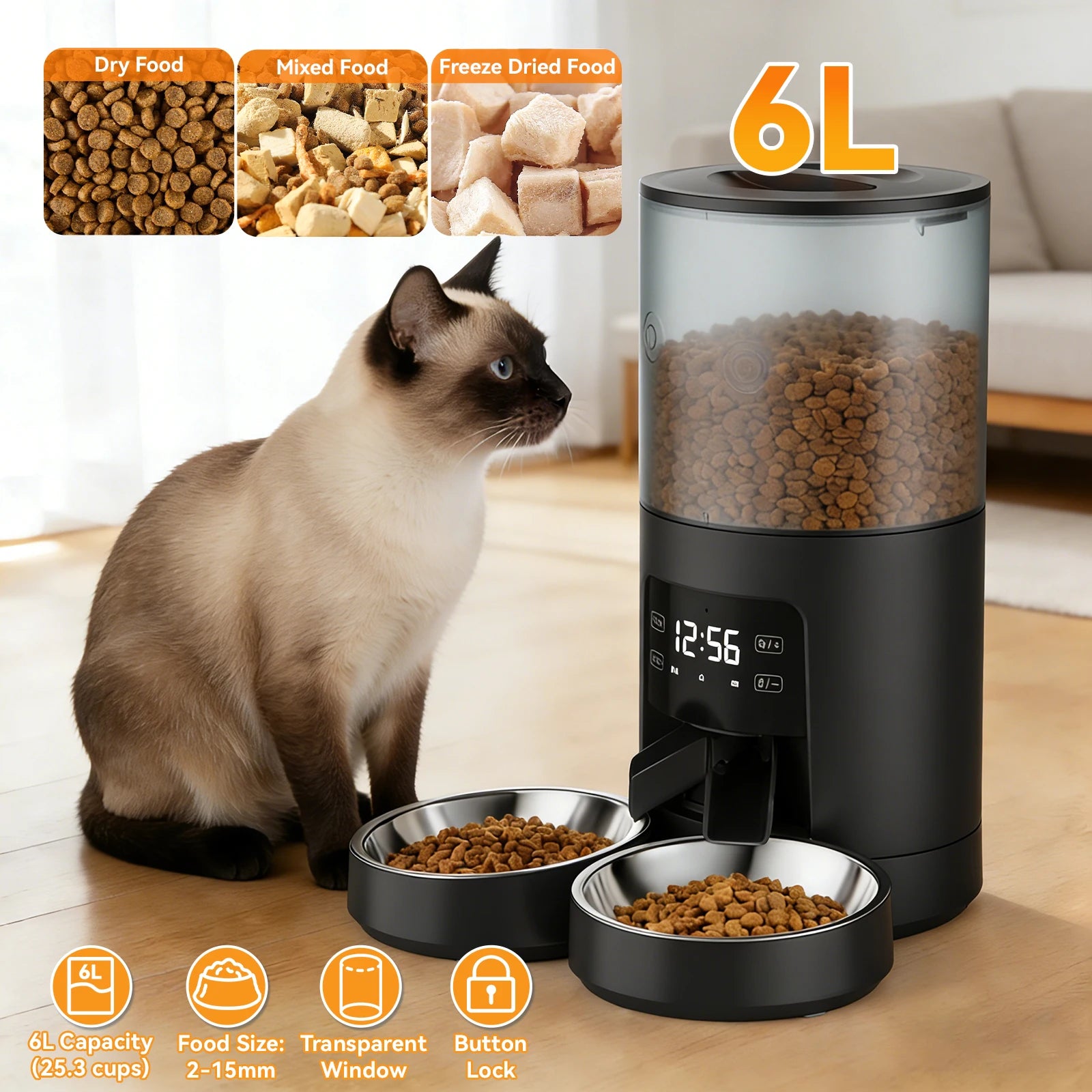 JHK 6L Automatic Timed Pet Feeder with 2 Stainless Bowls