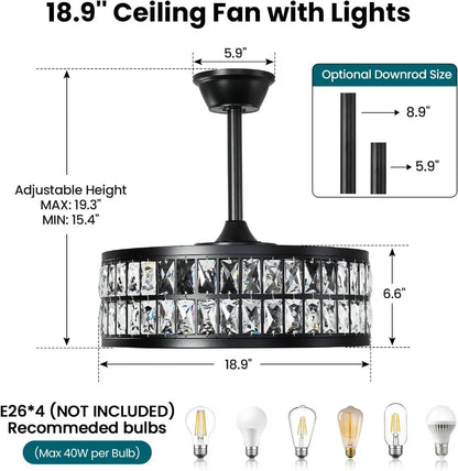 18.9 Inch Crystal Caged Ceiling Fan with Light