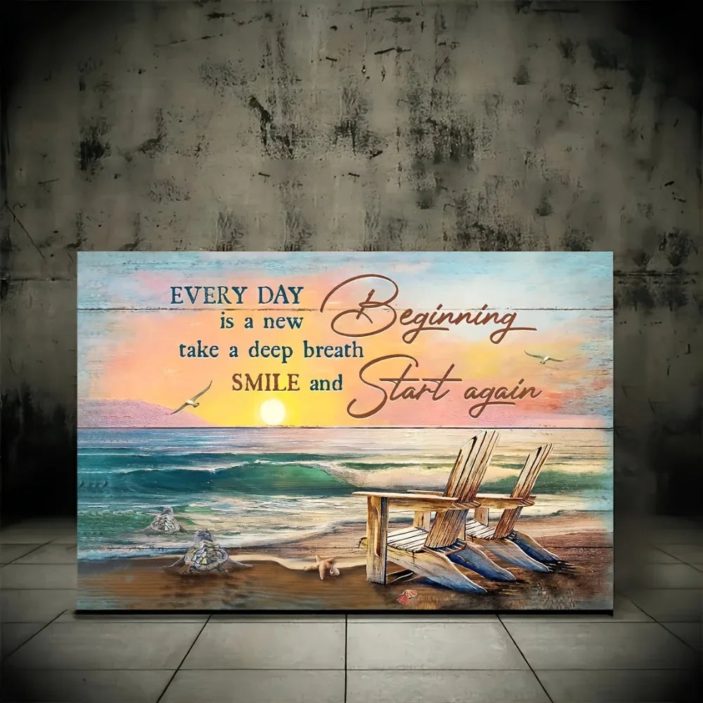 Beach Sunrise Scene Wall Art with Inspirational Quote