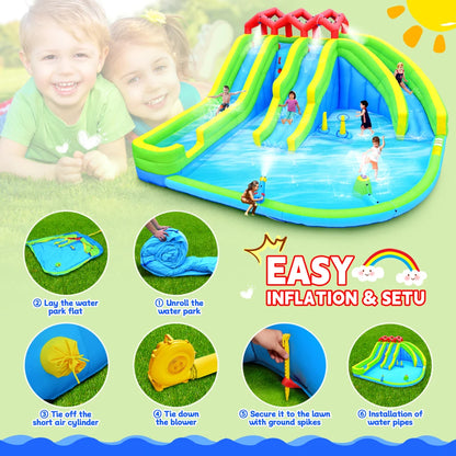 7 In 1 Inflatable Water Park with Three Slides and Blower