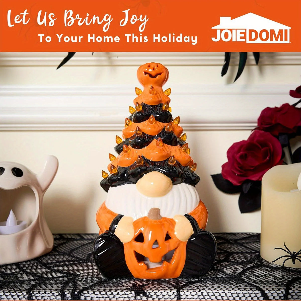 8.5 inch Tall Ceramic Pumpkin Gnome with Build-in LED Lights
