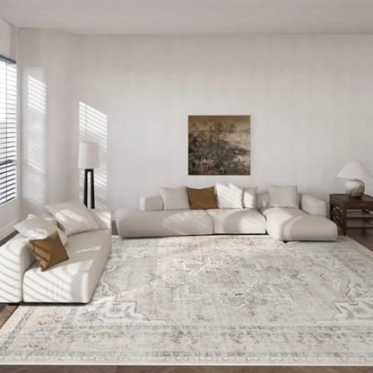 9x12 Vintage Washable Soft Faux Wool Beige Rug