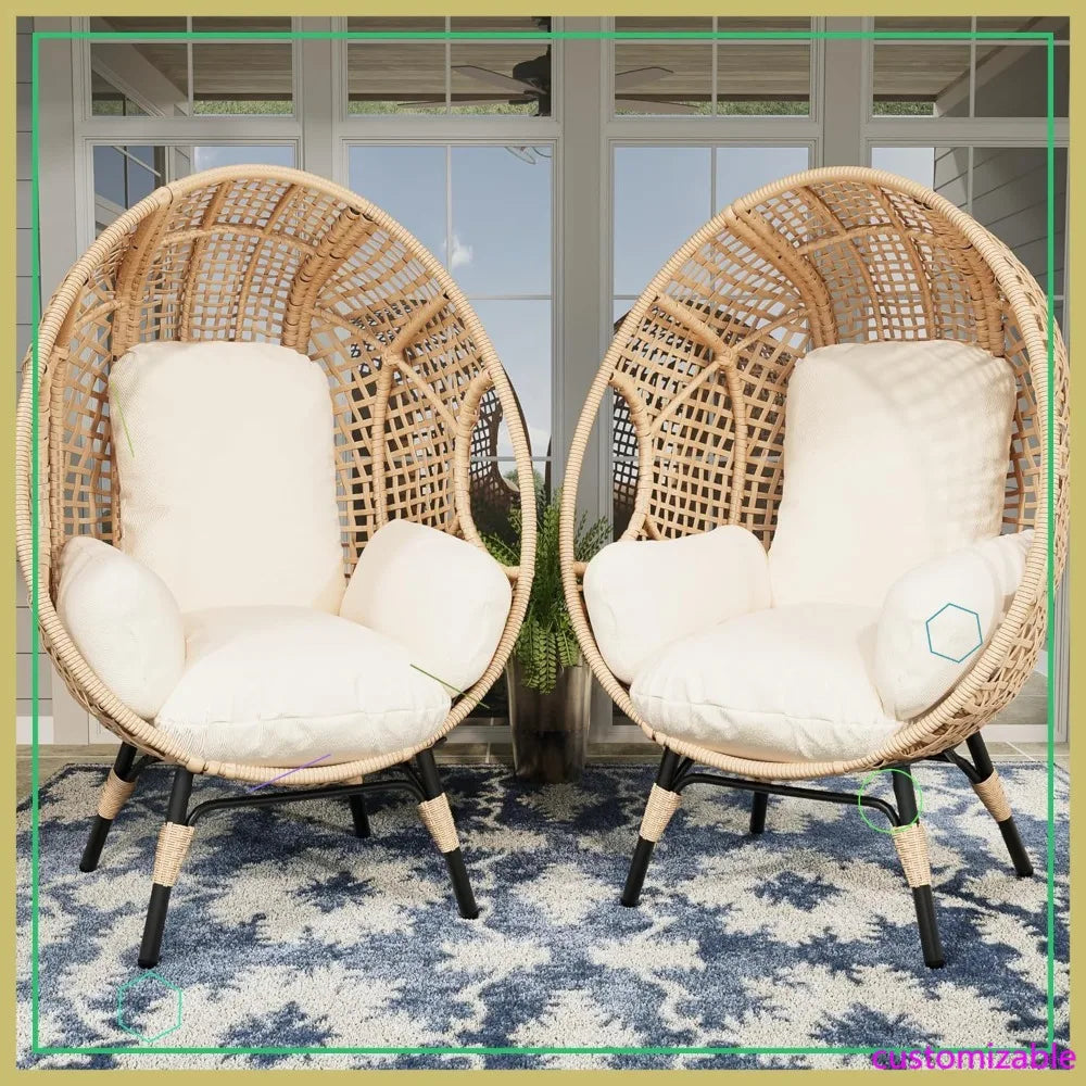 2 Pcs Oversized Wicker Egg Chair with Cushions