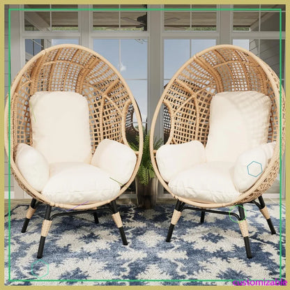 2 Pcs Oversized Wicker Egg Chair with Cushions