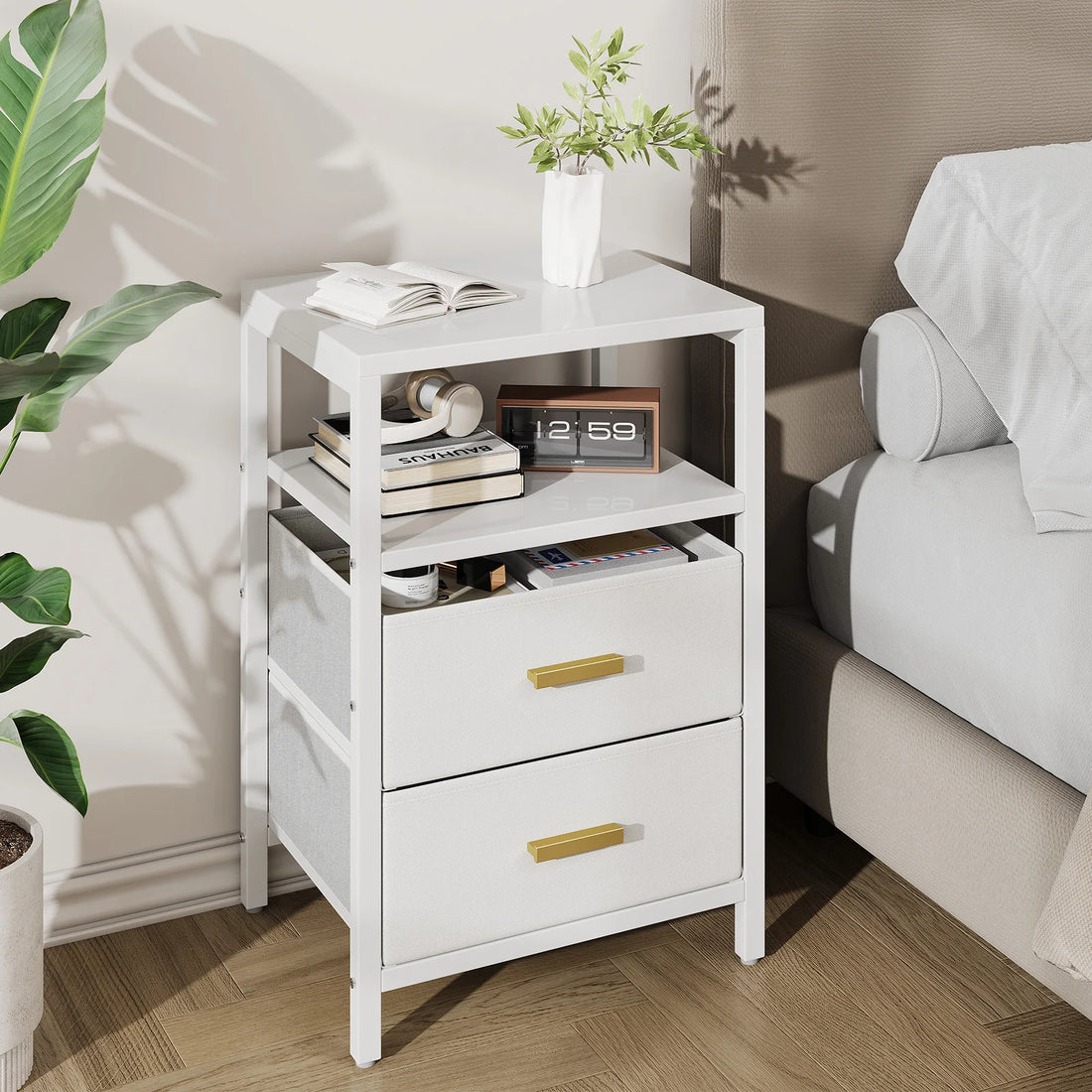 Modern White Bedside Side Table with 2 Drawers