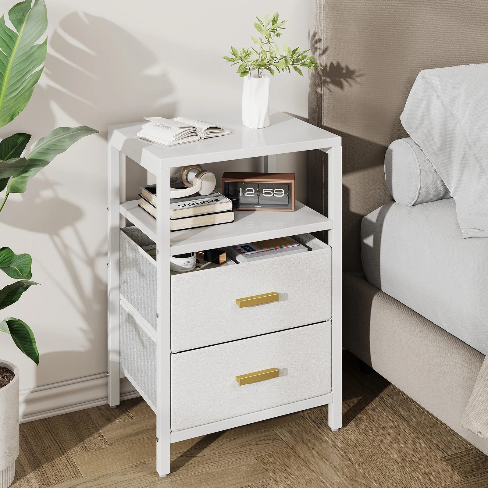 Modern White Bedside Side Table with 2 Drawers
