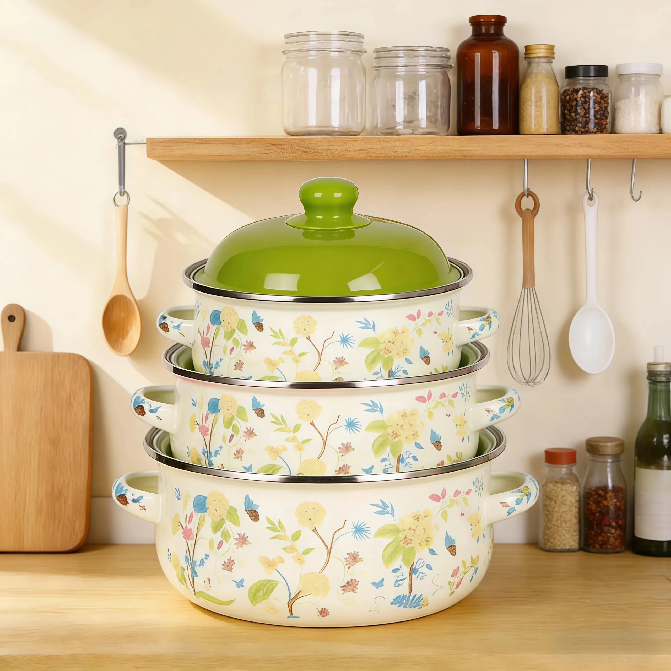 3Pcs Vintage Enamel Stock Pot Set with Lid,34oz/51oz/68oz Retro Flower Cooking Pot, Flat Bottom Stew Pot with Dual Handles for Induction &amp; Gas Stove Kitchen Use