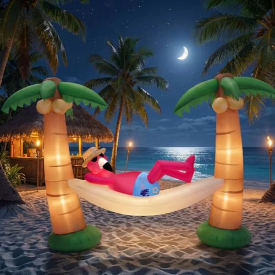 5 Foot Outdoor Flamingo in Hammock with Palm Trees Inflatable Decoration