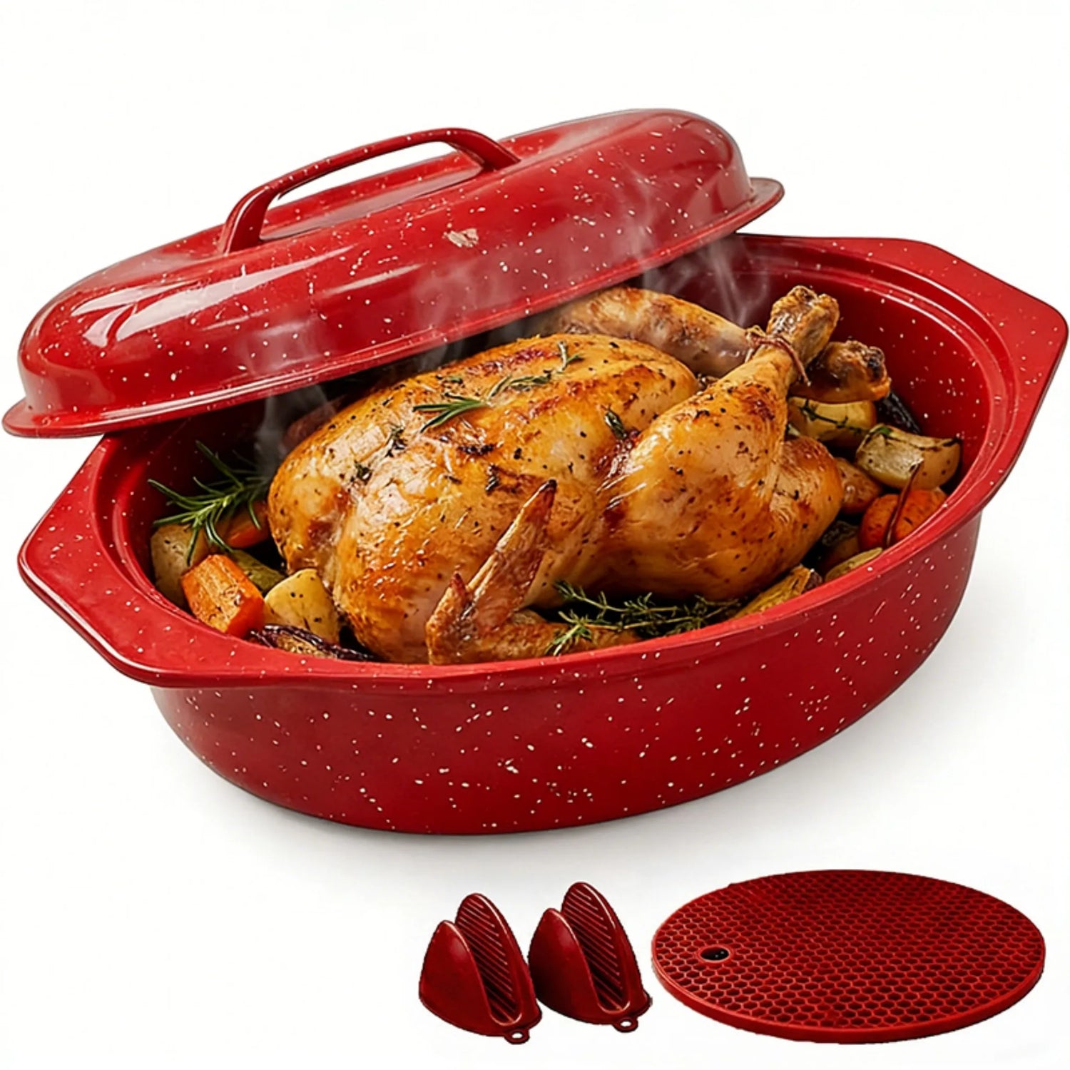 13-Inch Oval Roaster with Lid, Enameled Steel, 7 LB Poultry Capacity, 932°F Heat Resistant, Dishwasher Safe