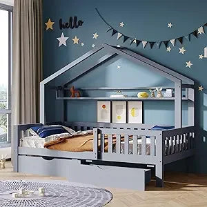 Twin Size House Bed with Storage Drawers &amp; Shel