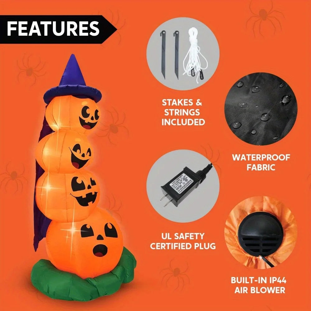 6 Foot Halloween Stacked Pumpkin with Witch Hat Inflatable