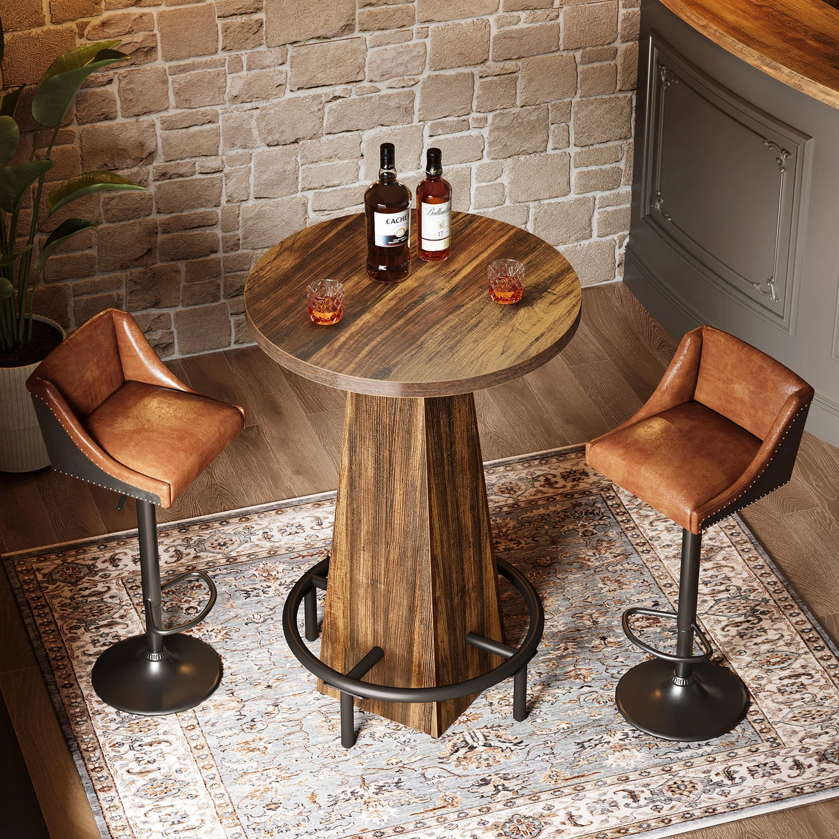 Tribesigns Round Bar Table 37" | Rustic Pub Table with Metal Footrest