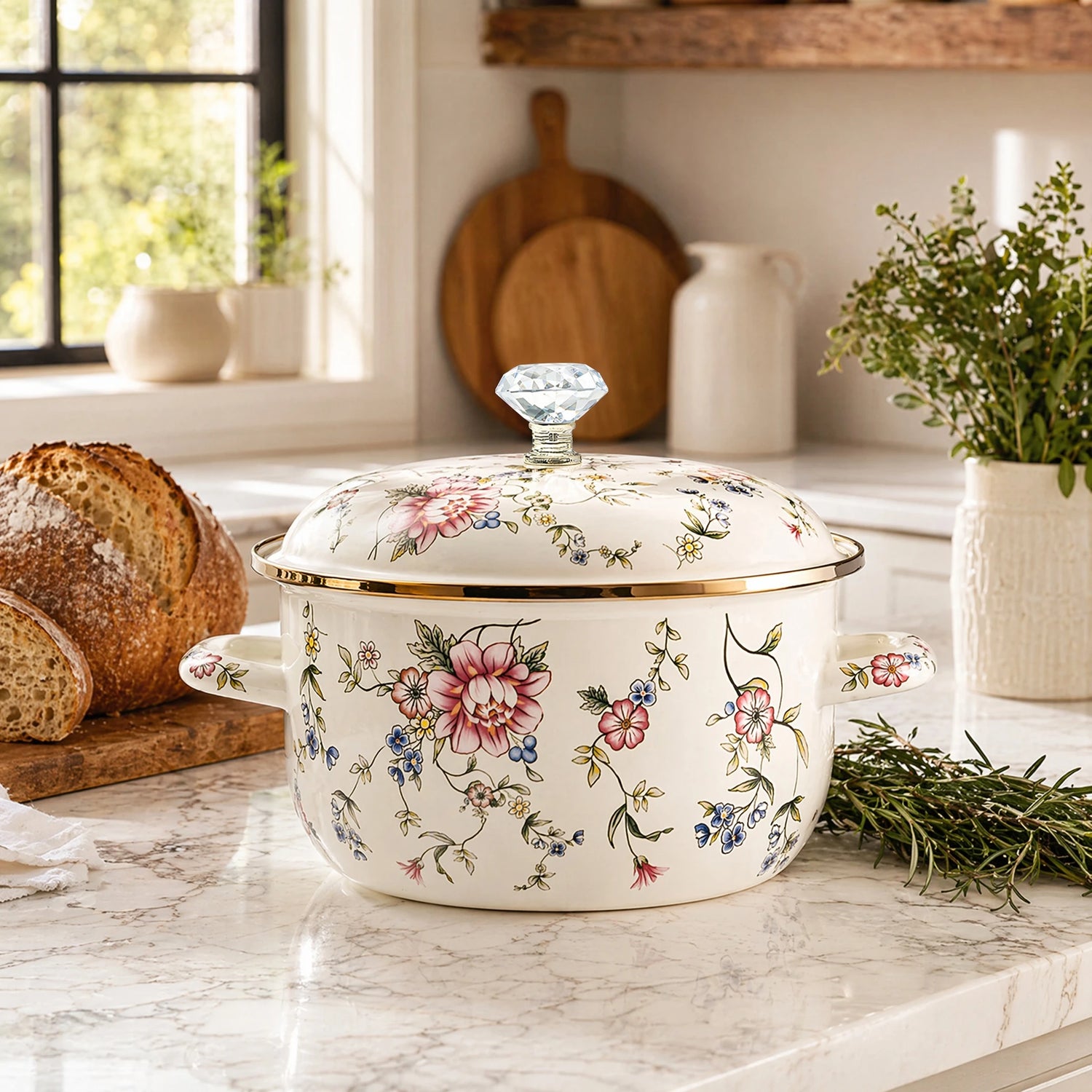 85 Ounce or 152 Ounce Vintage Daisy or Rose Enamel Pot with Lid