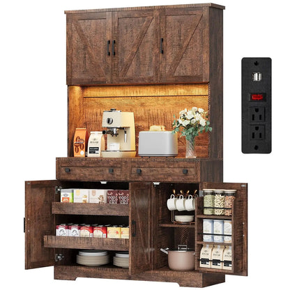 71" Kitchen Pantry Cabinet with Charging Station &amp; LED Lights, Tall Kitchen Storage Cabinet with Hutch, Farmhouse, Customized