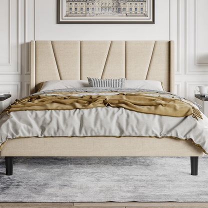 Platform Bed Frame with Geometric Wingback Headboard