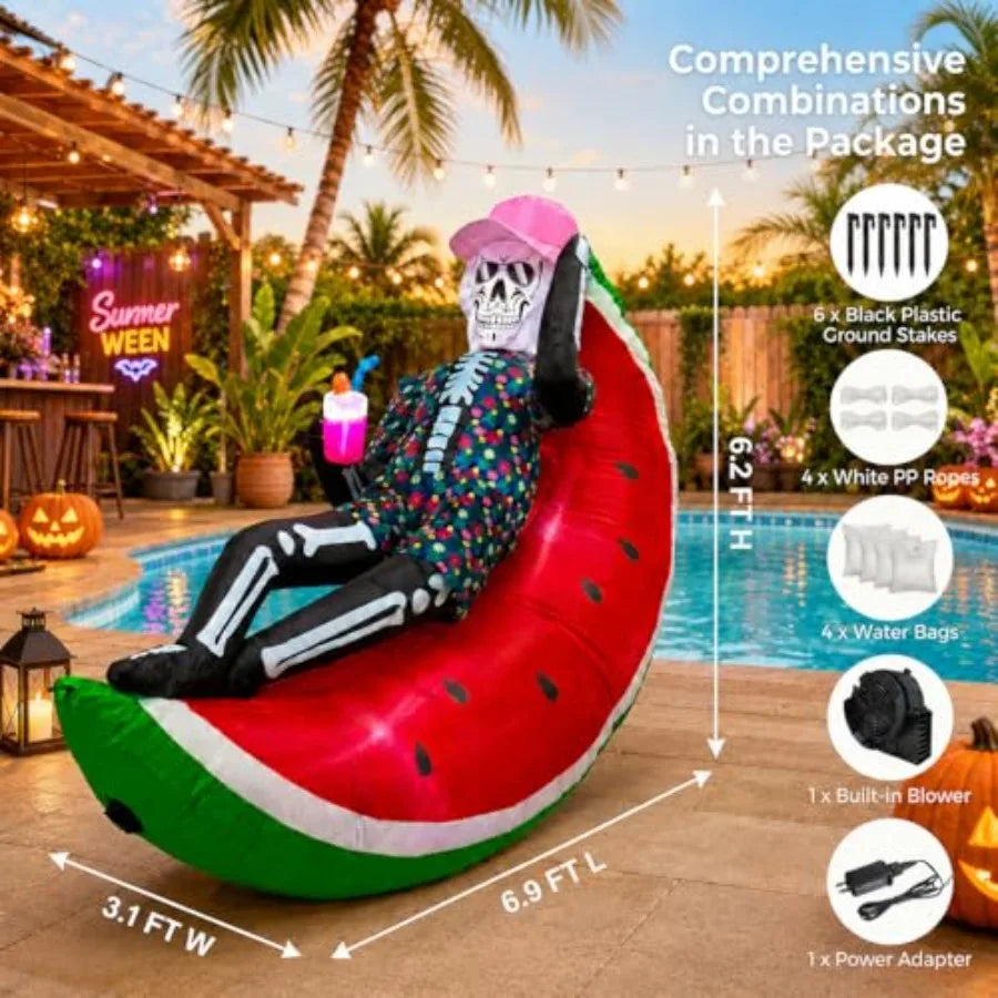 6.9 Foot Skeleton Reclining on Watermelon Slice Inflatable Decoration
