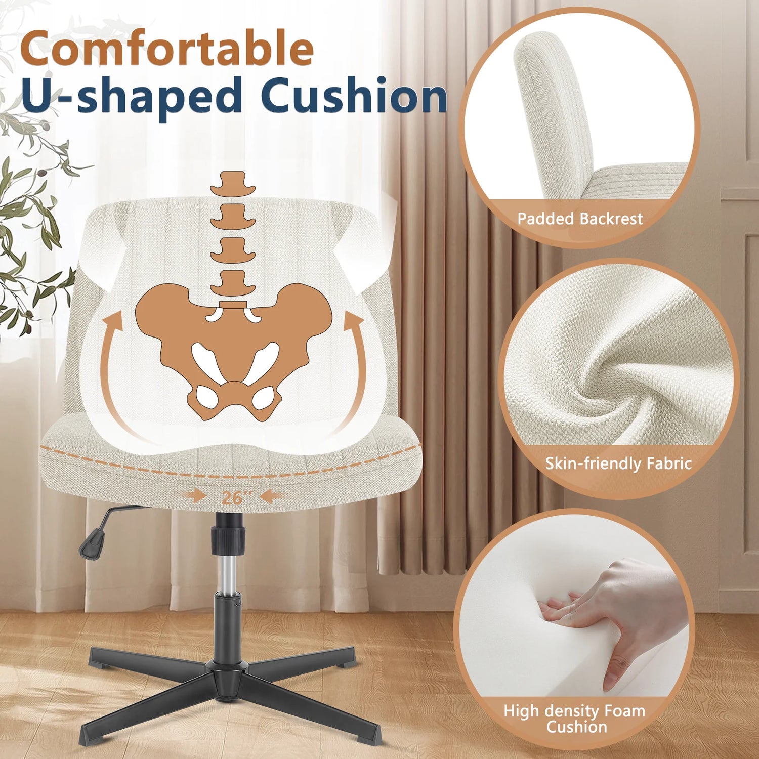 JHK Armless Office Chair in Cloth, Leather or Velvet