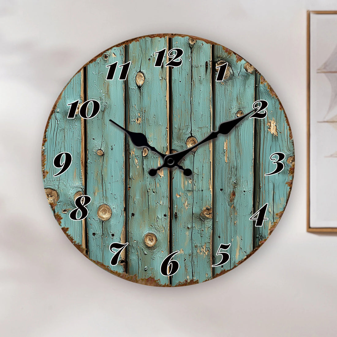 Coastal Style Shabby Chic Turquoise Wood Plank Wall Clock