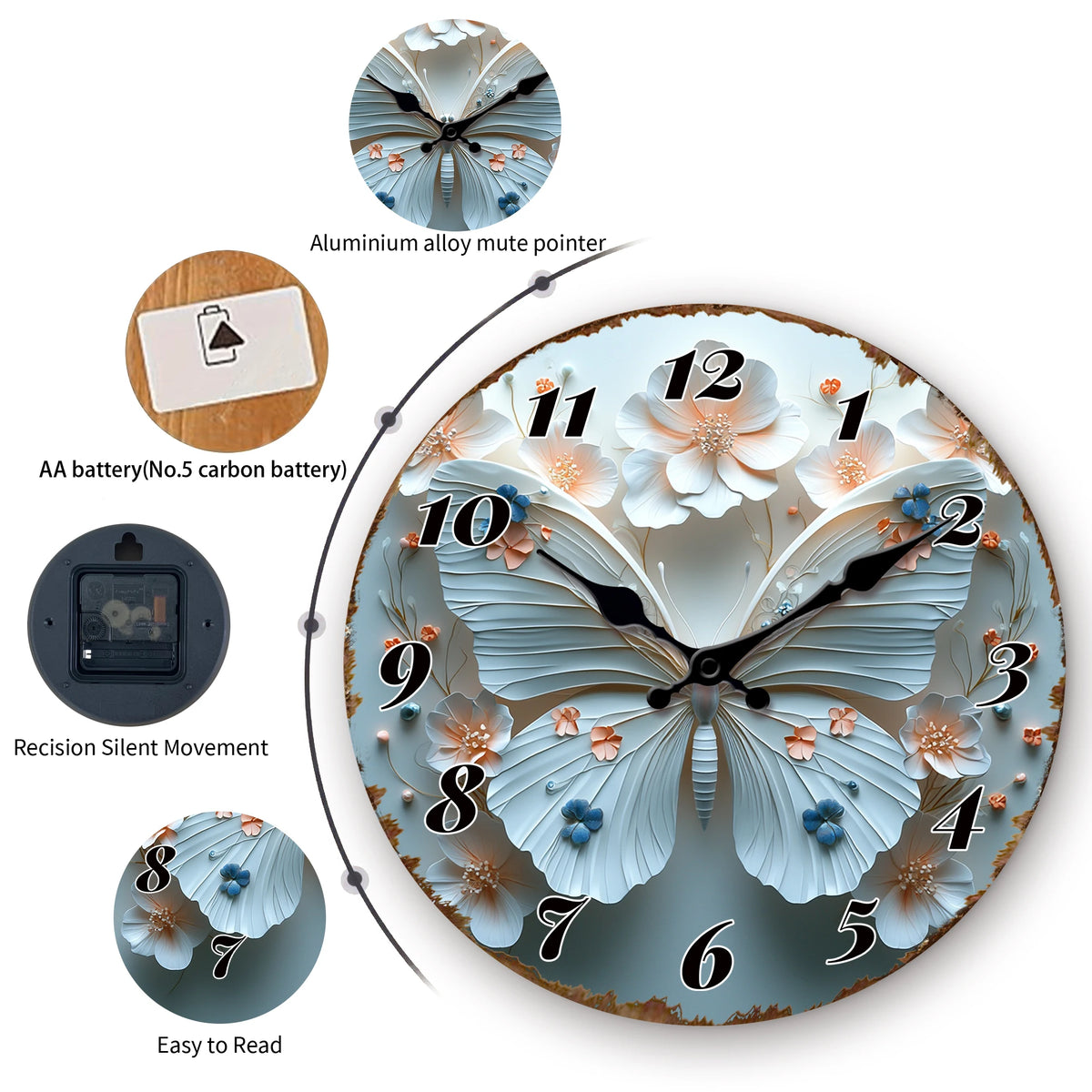Elegant Butterfly Floral Wall Clock