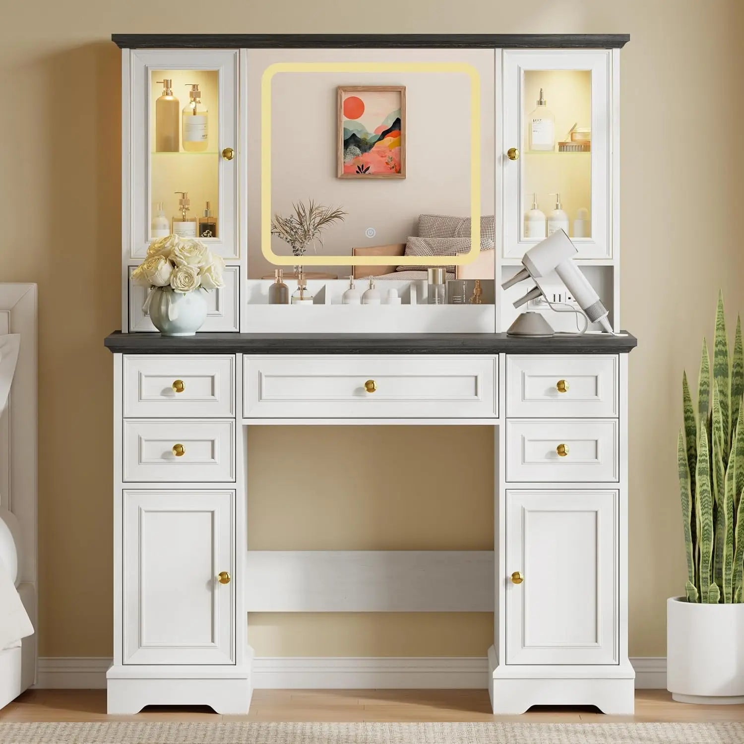 Farmhouse Makeup Vanity with Mirror and Lights, 43&