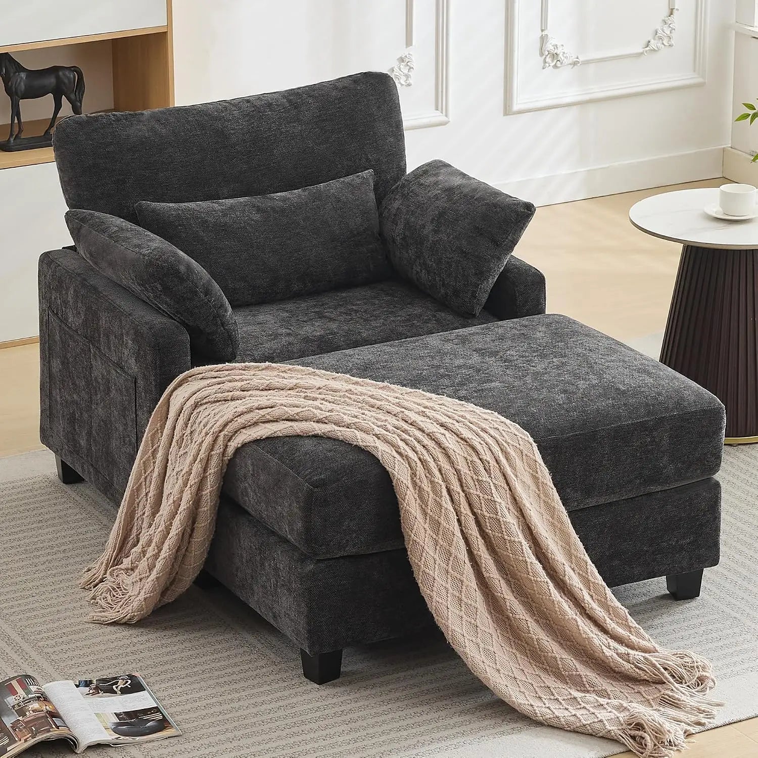 57.5" Oversized Indoor Chenille Chaise Lounge with Ottoman
