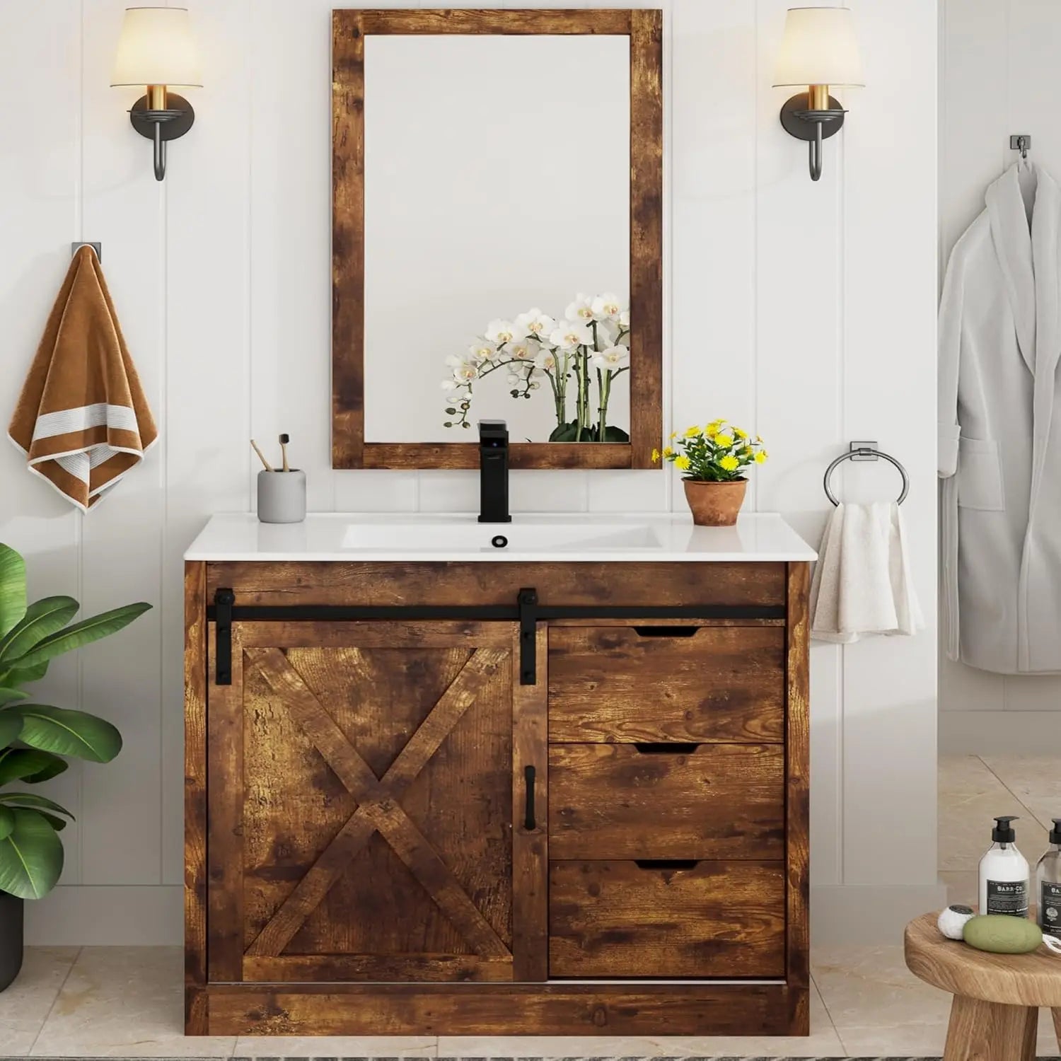 36 Bathroom Vanity Sink Faucet Mirror Farmhouse Cabinet Barn Door Drawers Bath Storage Grey, Custom