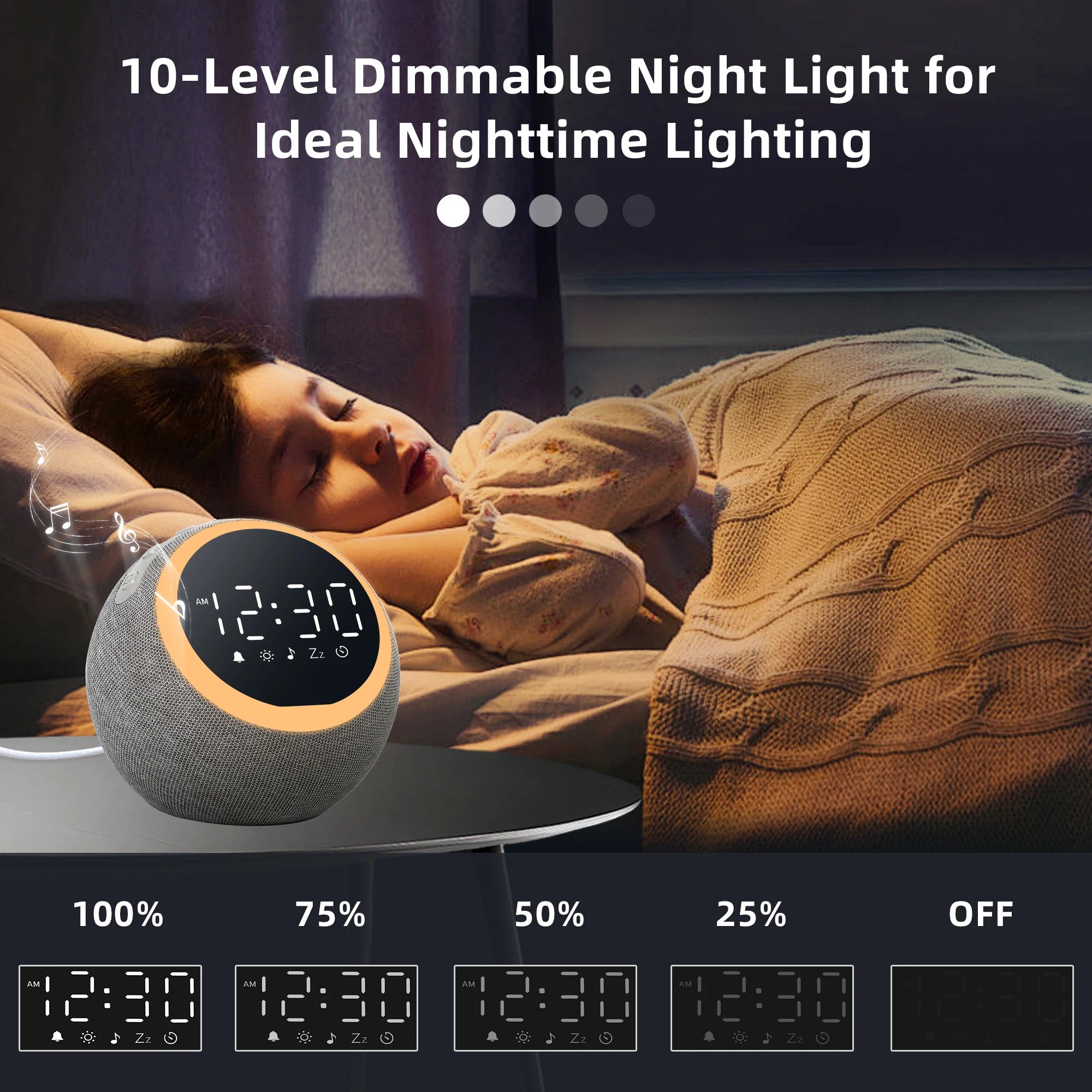 White Noise Alarm Clock with Night Light and Sleep Timer