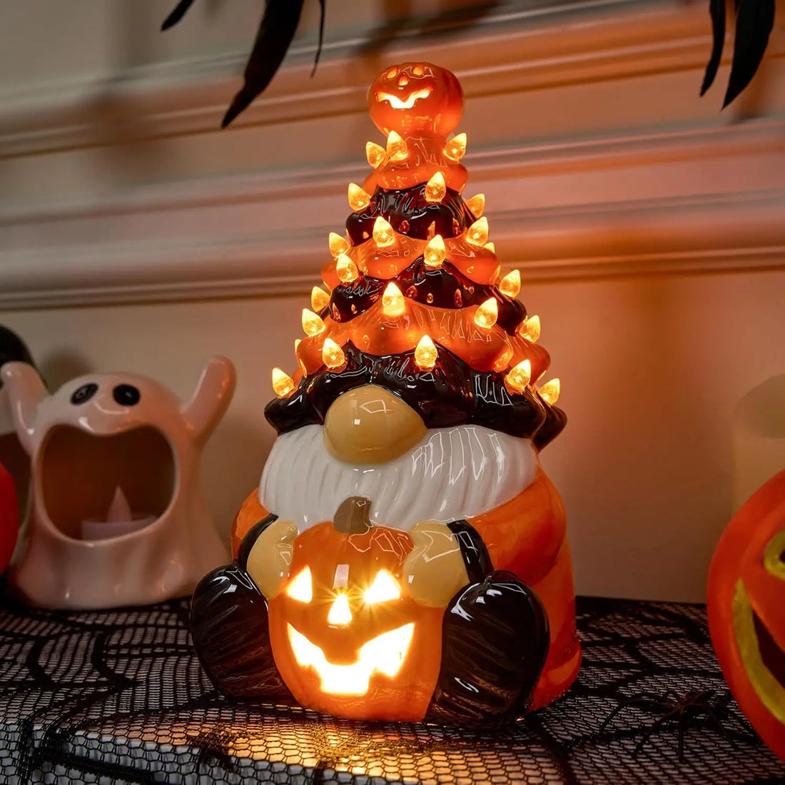 8.5 inch Tall Ceramic Pumpkin Gnome with Build-in LED Lights