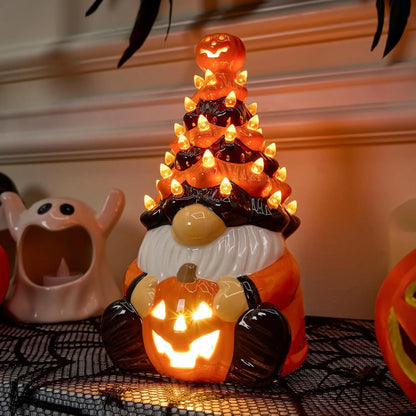 8.5 inch Tall Ceramic Pumpkin Gnome with Build-in LED Lights