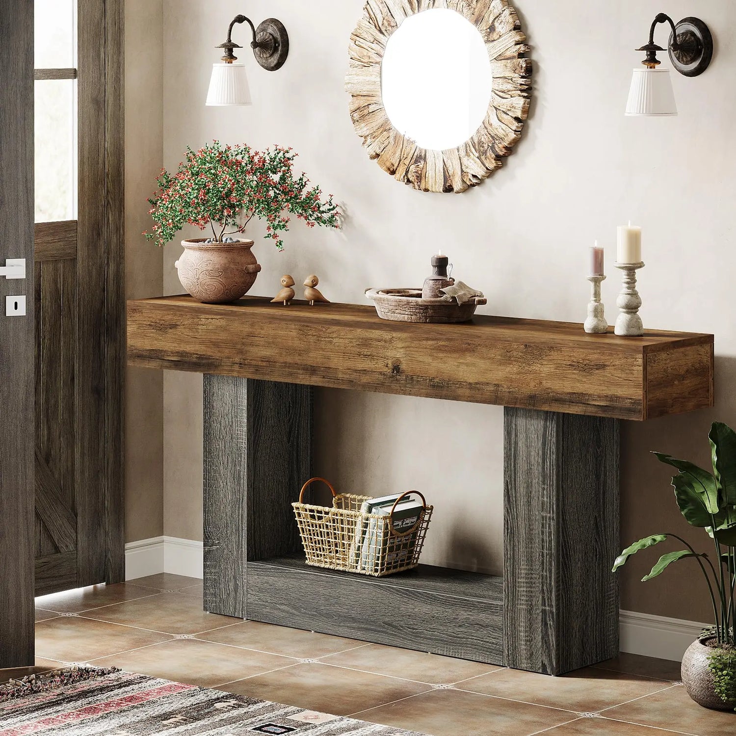 LITTLE TREE 63 Inch Farmhouse Style 2-Tier Table