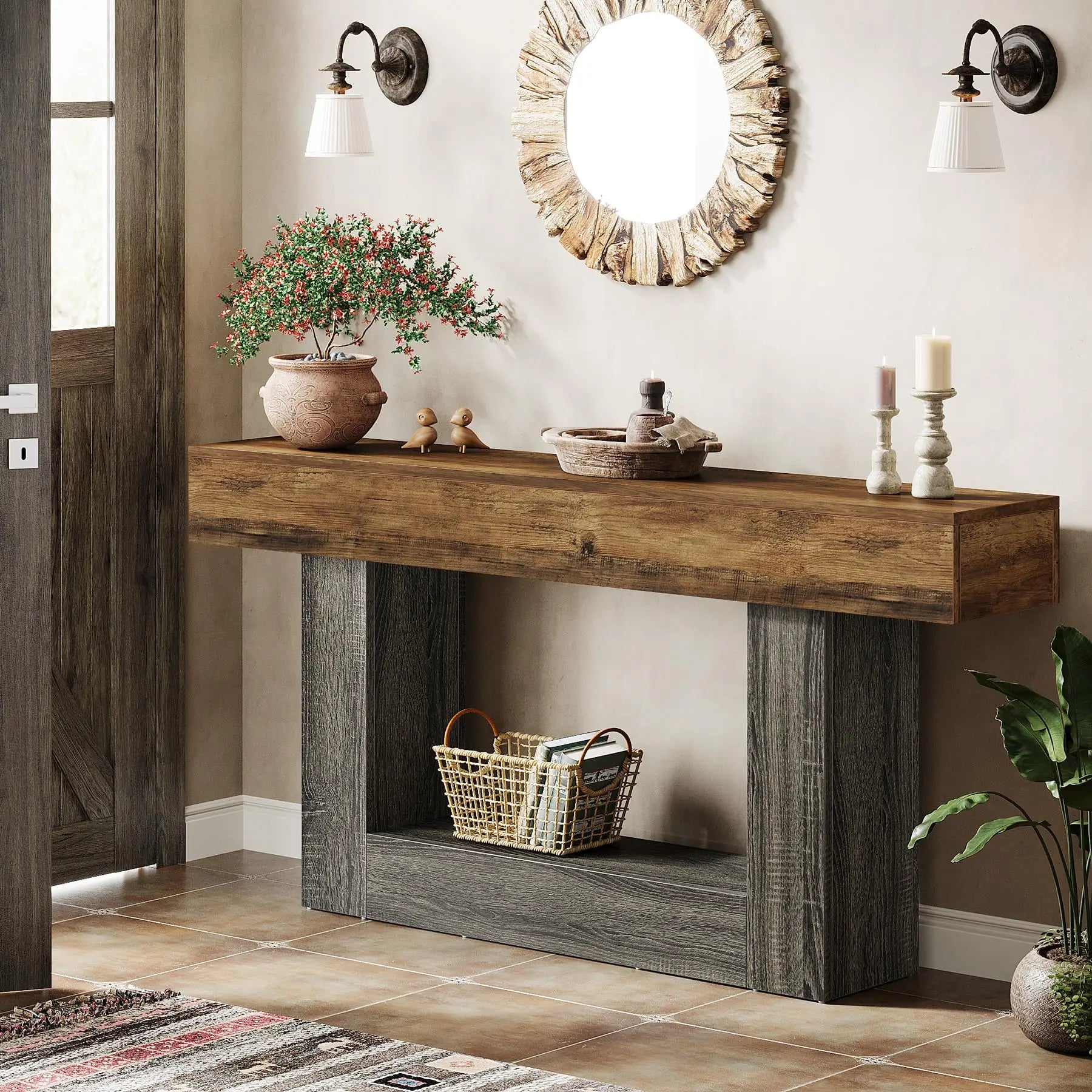 LITTLE TREE 63 Inch Farmhouse Style 2-Tier Table